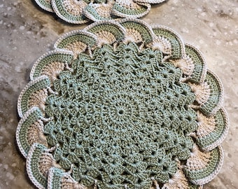 Frosty Green Vintage Style Crochet Potholders/hot pads - set of 2 (#02-18-5)