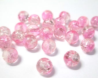 20 pink and white 6mm Crackle glass beads