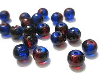 20 Red and blue 6mm Crackle glass beads