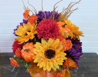 Pumpkin Floral Arrangement, Pumpkin Floral Centerpiece with Sunflowers, Pumpkin Flower Centerpiece