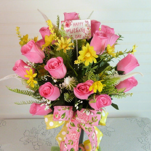 Mother's Day Cemetery Vase, Cemetery Vase Flowers with Pink Roses, Cemetery Arrangement for Mother's Day