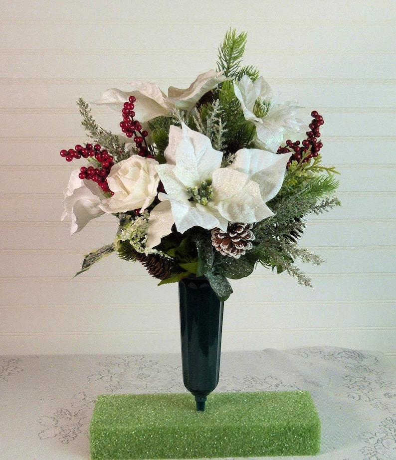 White Poinsettia Cemetery Vase Christmas Grave Flowers Etsy