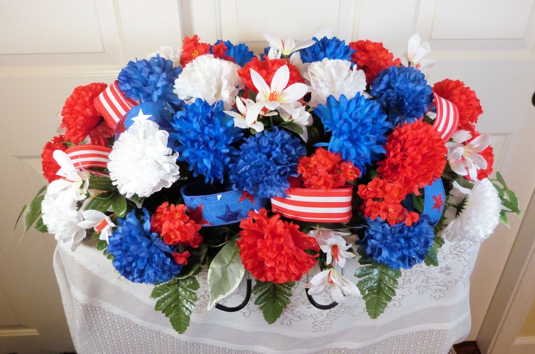 Patriotic Headstone Saddle, Cemetery Saddle With Carnations, Grave Saddle for 4th of July