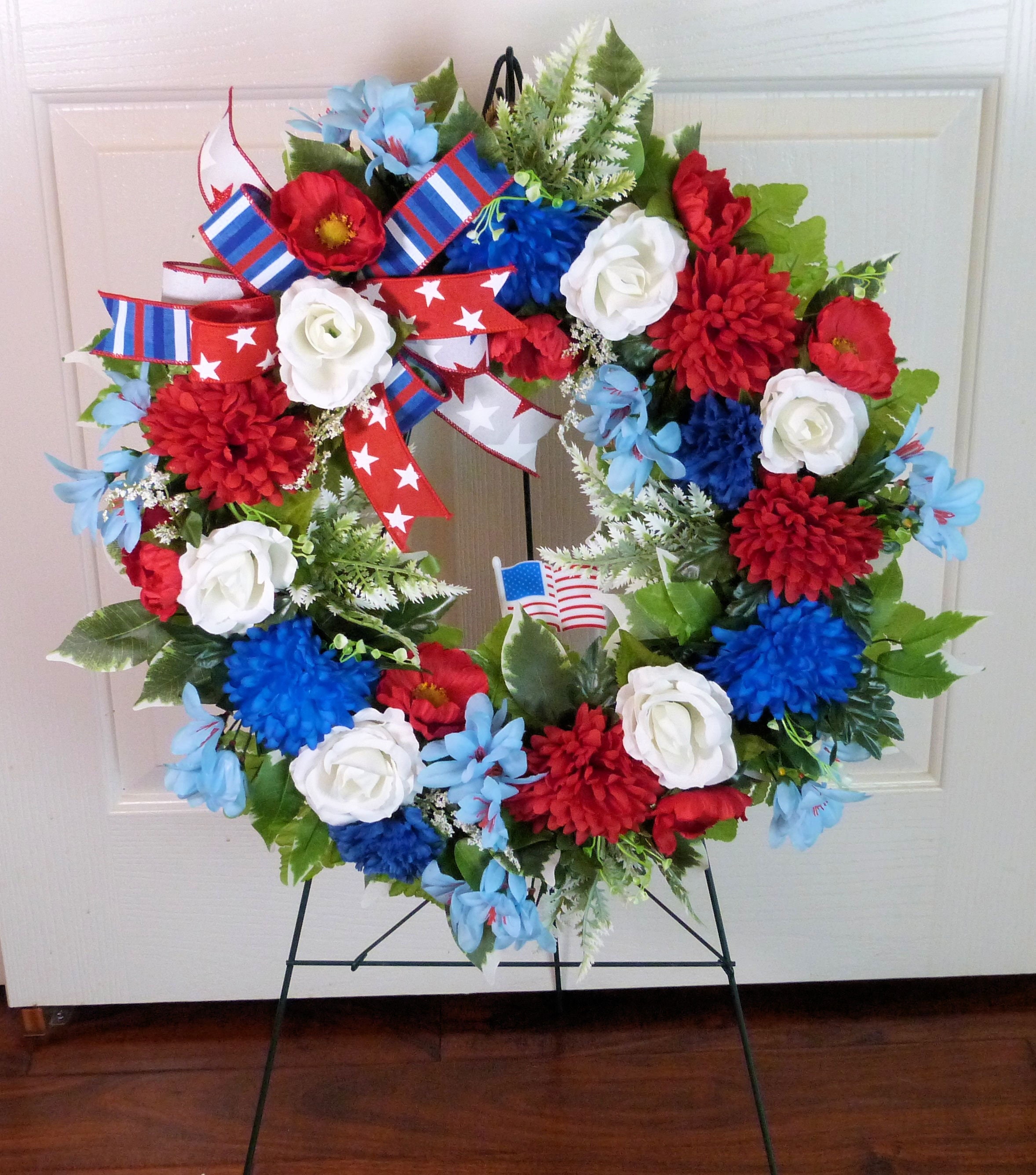 Memorial Day Cemetery Wreath: Red, White & Blue Floral Grave Decoration ...