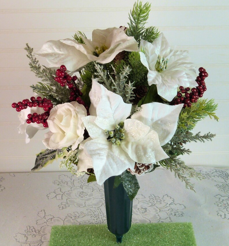 White Poinsettia Cemetery Vase Christmas Grave Flowers Etsy