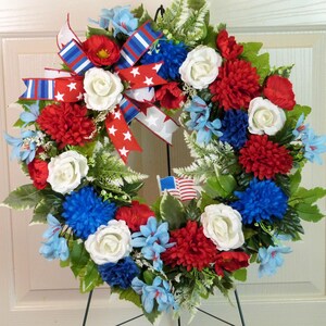 Memorial Day Cemetery Wreath: Red, White & Blue Floral Grave Decoration ...