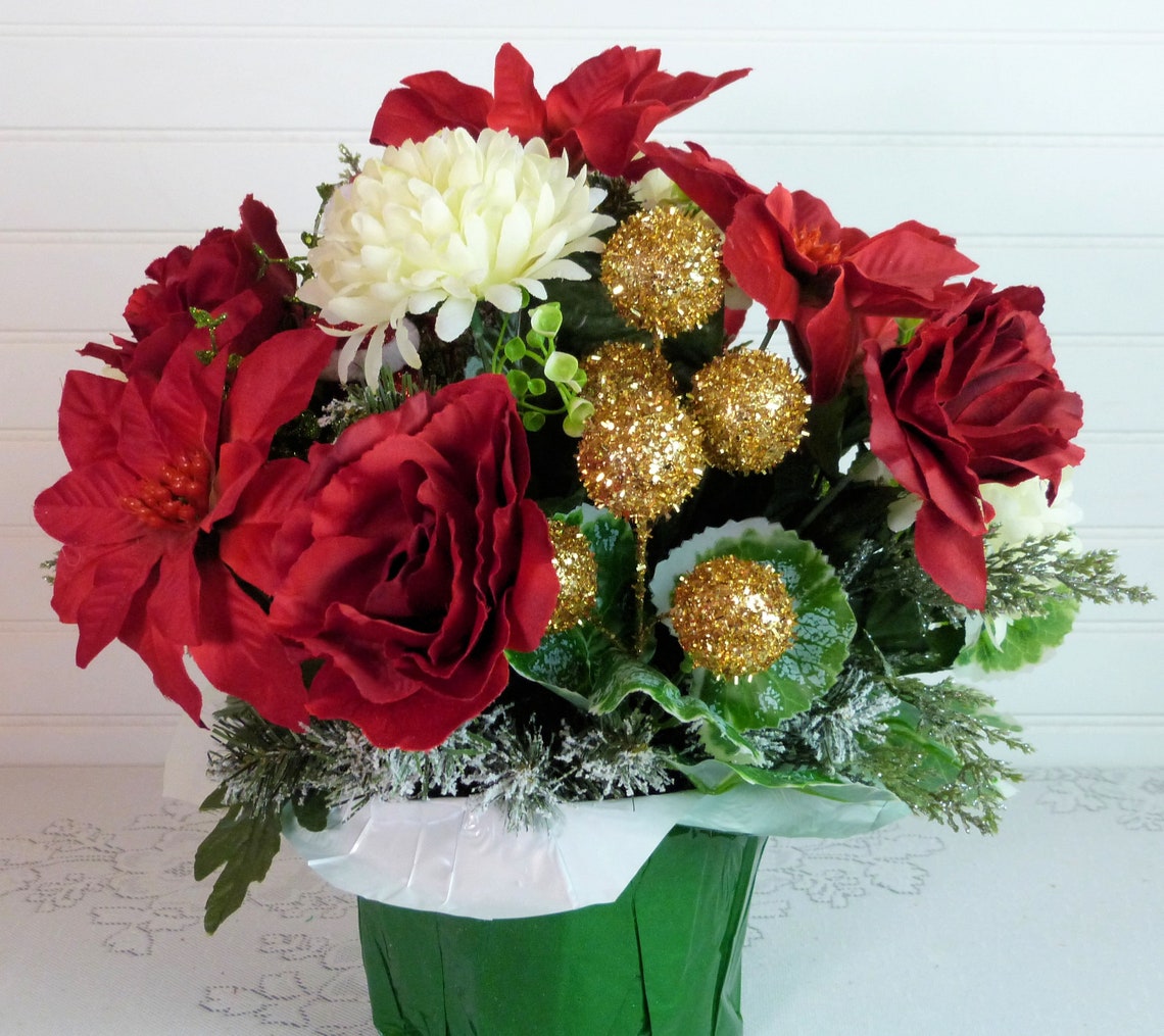 Christmas Cemetery Potted Arrangement Poinsettia Cemetery Etsy