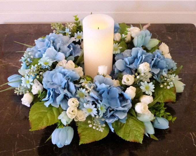 Blue Hydrangea Candle Ring, Candle Wreath Rings, Candle Arrangement