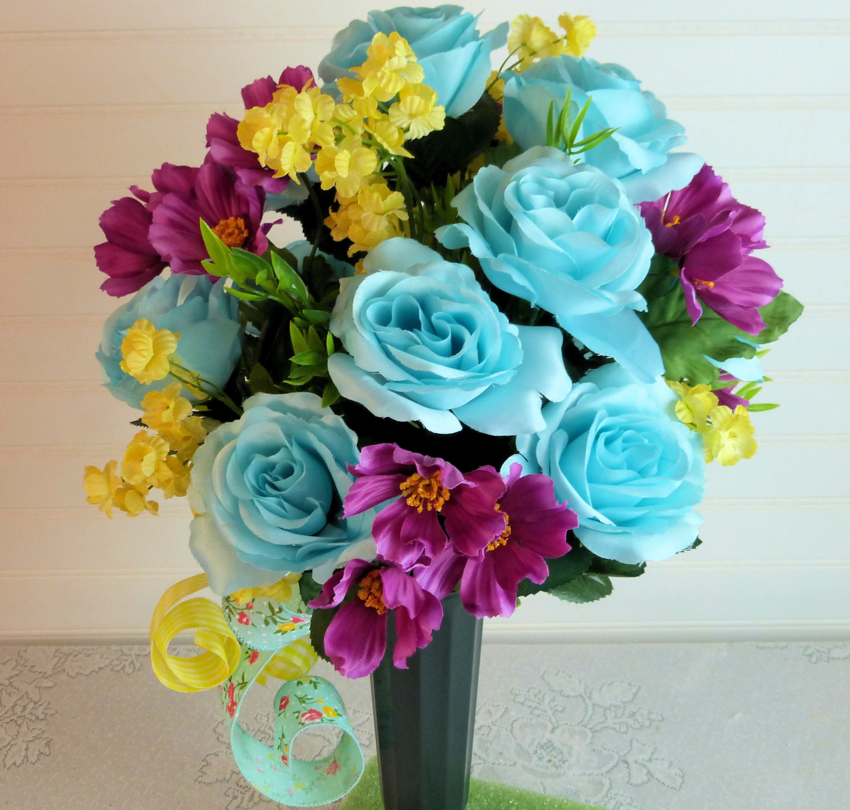 Spring Cemetery Vase Cemetery Arrangement With Aqua Roses Etsy