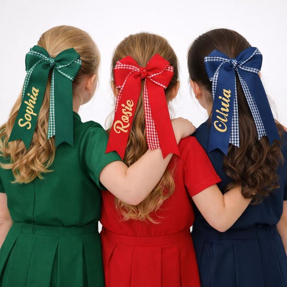 Personalised School Hair Bow Custom Name Clip Girls Uniform Gingham Ribbon Large 4” Accessory Back to School Gift