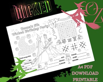 Inspired by Wicked Kids Activity Placemat Printable Work Sheet Page Children Party Personalised Custom Birthday Maze Word Search PDF Digital