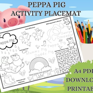 Peppa Pig Kids Activity Placemat Printable Sheet Worksheet Page Children Party Family Birthday Games Maze Colouring Coloring PDF Digital