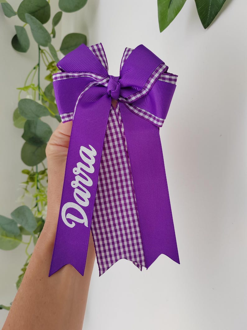 May include: A purple hair bow featuring a layered design with solid purple ribbon and a purple and white gingham checkered pattern. The bow has long, pointed tails, and the name Darra is printed in white script lettering on one of the ribbons.