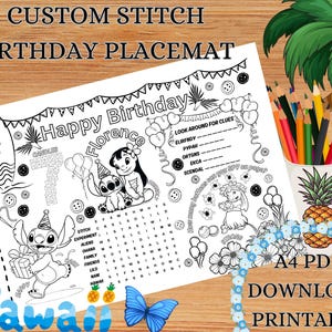 Personalised Custom Lilo and Stitch Kids Activity Placemat Printable Sheet Page Children Party Birthday Games Maze Word Search PDF Digital