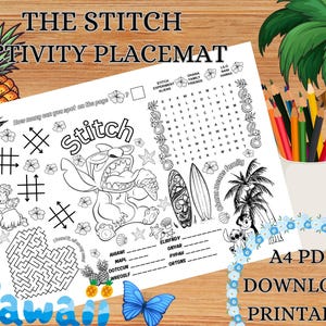 Lilo and Stitch Kids Activity Placemat Printable Work Sheet Page Children Party Birthday Games Maze Word Search I Spy Colouring PDF Digital