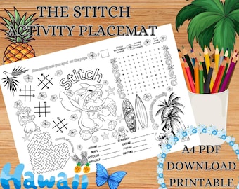 Hoja de trabajo imprimible para mantel individual de actividades infantiles de Lilo y Stitch, página para fiestas infantiles, juegos de cumpleaños, laberinto, búsqueda de palabras, "Veo veo", para colorear, PDF digital