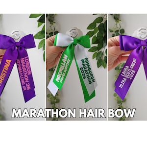 Personalised Hair Bow Custom Text, Any Name or Message, Large Ribbon Bow Alligator Clip Ties Bobble, Girls & Women, Marathon Team Gift
