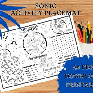 Sonic Hedgehog Kids Activity Placemat Printable Sheet Worksheet Page Children Party Family Birthday Game Maze Coloring Coloring PDF Digital
