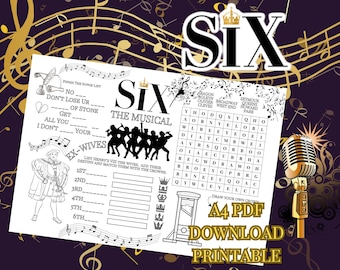 Puede incluir: Un PDF A4 imprimible con un juego de búsqueda de palabras y completar basado en el musical "Six". El diseño incluye notas musicales, siluetas de las reinas y el logotipo del espectáculo. El fondo es morado oscuro con detalles dorados.