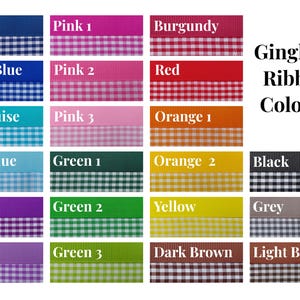 May include: A color chart titled Gingham Ribbon Colours displaying twenty-two fabric ribbons. Each ribbon features a solid color top section and a matching gingham checkered pattern bottom section, labeled with names like Navy, Pink, Red, and Green.