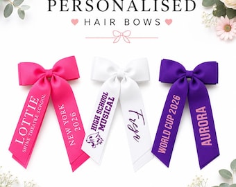 Personalised Hair Bow Custom Text, Any Name or Message, Large Ribbon Bow Alligator Clip Ties Bobble, Girls & Women, School Concert Team Gift