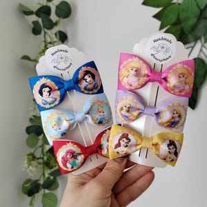 Hårrosetter för flickor, 7,5 cm söta hårspännen för babyflicka, set med småbarnsrosett: Rapunzel, Belle, Aurora, Ariel, Askungen, Snövit-motiv