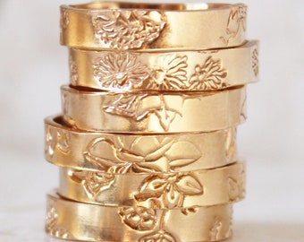 Custom Thick Floral Ring, Birth Flower Ring , Personalize Flower Band, Flora Ring Band, Wild Flower Ring, Gold Flower Ring, 14k Plant Ring