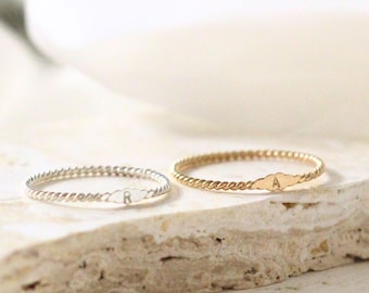 Custom Signet Ring, Gold Twist Ring, Dainty Initial Ring, Stackable Band Ring, Personalizable Jewelry, Gift for her, 14k Tiny Rope Mom Ring