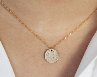 Gold Hammered Disc Necklace - Hammered Necklace - Moon Necklace - Gold Hammered Necklace - Gold Filled Necklace - Simple Pendant Necklace -