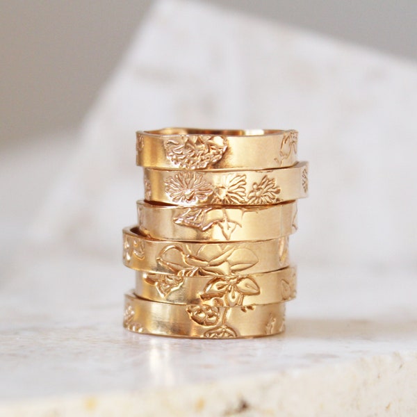 Custom Thick Floral Ring, Birth Flower Ring , Personalize Flower Band, Flora Ring Band, Wild Flower Ring, Gold Flower Ring, 14k Plant Ring