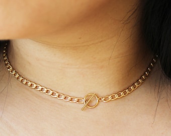 Gold Toggle Choker - Gold Chain Choker - Toggle Pendant Choker - Layering Necklace - Toggle Curb Chain Necklace - Toggle Clasp Necklace