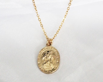 Saint Christopher Necklace - 14K Gold Necklace - Gold Medallion Necklace - Protection Necklace - Gold Coin Necklace - Travellers Necklace