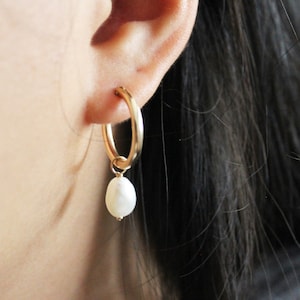 Baroque Pearl Earrings Gold Filled Earrings Gold Hoop Earrings Pearl Hoops Pearl Drop Earrings, Bridesmaid Earrings Gift for her image 1