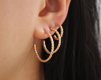 May include: Three gold-toned twisted hoop earrings of different sizes. The earrings are worn in the left ear.