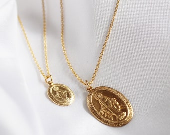ゴールドメダリオンネックレス - 14Kゴールドネックレス - ゴールドコインネックレス - ゴールドペンダントネックレス - 聖母マリアネックレス - クロスネックレス - ギフト