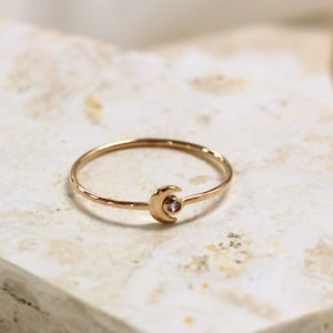 Moon and Star Ring, Gold Moon Ring, Tiny Birthstone Ring, Moon Star Ring, Stacked Birthstone Ring, Celestial Birthstone Ring, Gift for her