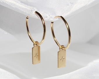 Gold Tag Earrings, Gold Star Earrings, Tag Drop Earrings, Gold Filled Earrings, 14K Gold Earrings Gold Hoop Earrings Gold Hoops Gift for her