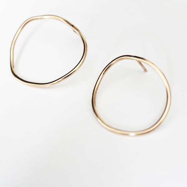 Organic Large Circle Studs - Gold Hoops - Large Hoop Studs - Statement Earrings - Geometric Earrings - Gold Circle Post - Gold Studs