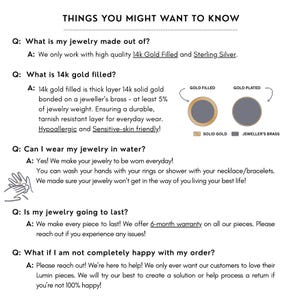 Puede incluir: Gr&aacute;fico informativo titulado "THINGS YOU MIGHT WANT TO KNOW". Responde preguntas sobre materiales de joyer&iacute;a, incluyendo oro de 14 quilates y plata de ley, e instrucciones de cuidado. Incluye diagramas y texto.