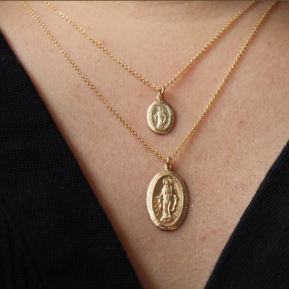 Gold Medallion Necklace Gold Religious Necklace Gold Pendant Necklace Gold Charm Necklace Virgin Mary Necklace 14K Gold Filled Necklace