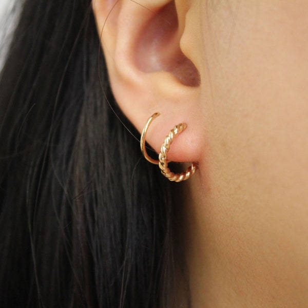 Faux Double Piercing, Gold Filled Twist Double Hoop Earrings, 14k Gold Twist Earrings, Double Hoop Huggie Earrings, Spiral Hoop Earrings,