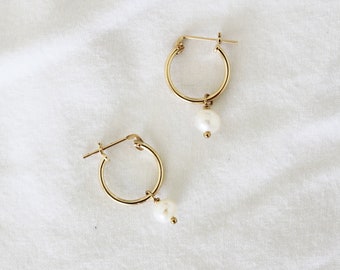 Pearl Hoops - Pearl Hoop Earrings - Pearl Drop Earrings -  Gold Filled Earrings -  Gold Hoop Earrings - Bridesmaid Earrings - Gift for her