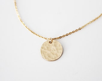 Hammered Necklace - Moon Necklace - Gold Hammered Necklace - Gold Filled Necklace - Simple Pendant Necklace - Gold Hammered Disc Necklace