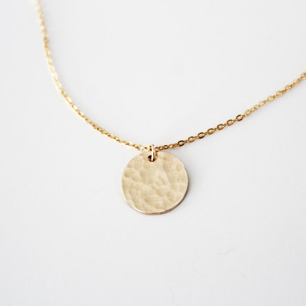 Hammered Necklace - Moon Necklace - Gold Hammered Necklace - Gold Filled Necklace - Simple Pendant Necklace - Gold Hammered Disc Necklace