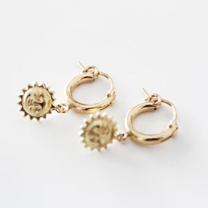 Gold Sun Earrings, Sun Hoop Earrings, Celestial Earrings, Sun Huggie Hoop Earrings, Sun Pendant Earrings, Sun Charm Hoop Earrings, Gold Fill