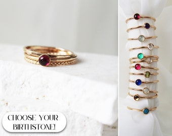 Gold Birthstone Ring Set, Set of 3 Dainty Ring Set, Tiny Birthstone Ring Gold Fill Stacking Ring Set 3 Stack Thin Ring Set Gemstone Ring Set