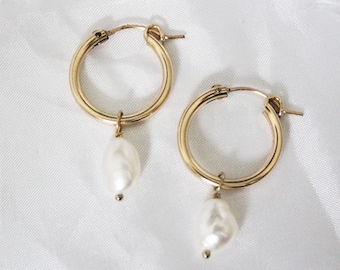 Pearl Drop Earrings - Baroque Pearl Earrings -  Gold Filled Earrings -  Gold Hoop Earrings -  Pearl Hoops - Bridesmaid Earrings Gift for her