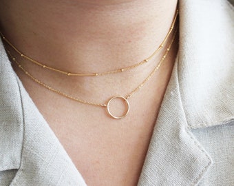 Conjunto de collar de capas circulares - Conjunto de collar de oro - Collar de oro delicado - Collar de cadena satélite - Collar de oro de 14k