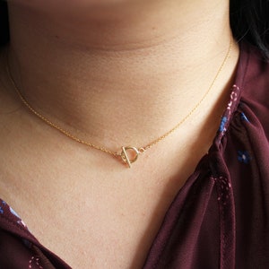 以下が含まれることがあります： シンプルなトグル留め具が付いたゴールドチェーンネックレス。ネックレスは、濃い茶色のシャツを着た人が着用しています。