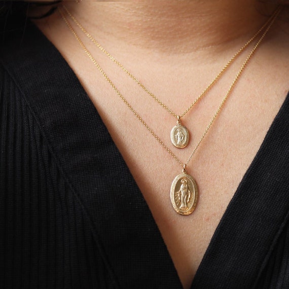 Gold Virgin Mary Necklace: 14k Gold Filled Christian Jewelry, Statement Religious Pendant Necklace